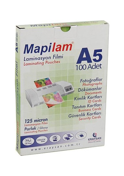 125 Micron A5 216 x 155 Mm Parlak Laminasyon Filmi 100'lü fiyatları