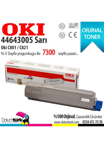 C801 / C821 / 44643005 Sarı Orjinal Toner