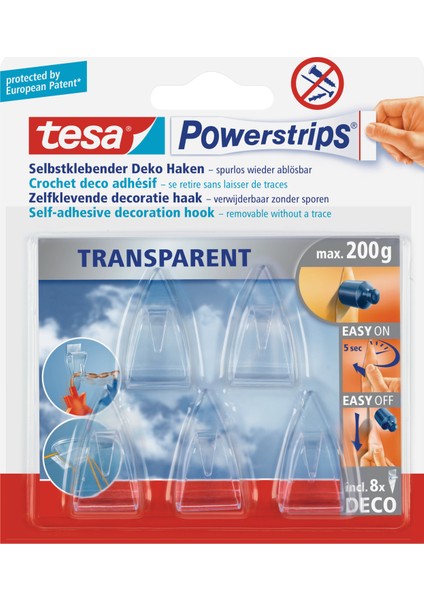 Powerstrips Askı, Şeffaf, Çıkarılabilir, 5 adet