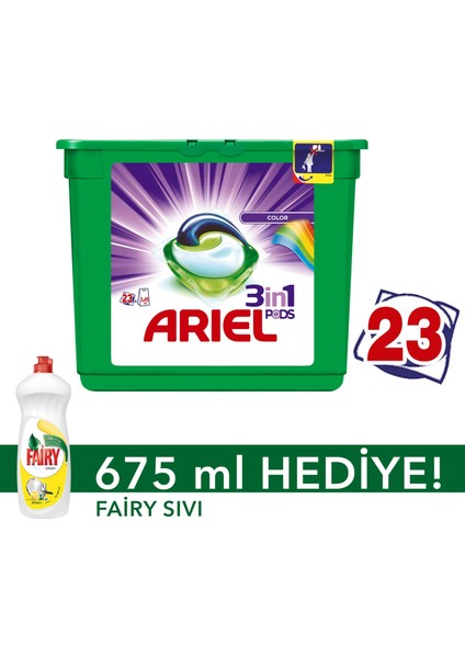 3'ü 1 Arada Pods Sıvı Çamaşır Deterjanı Kapsülü Parlak Renkler 23 Yıkama + Fairy Sıvı Bulaşık Deterjanı 675 ml