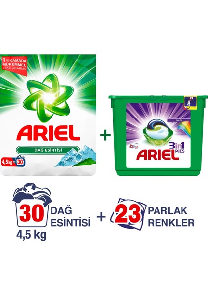 3'ü 1 Arada Pods Sıvı Çamaşır Deterjanı Kapsülü Parlak Renkler 23 Yıkama + Ariel Toz Çamaşır Deterjanı Dağ Esintisi 4.5 kg