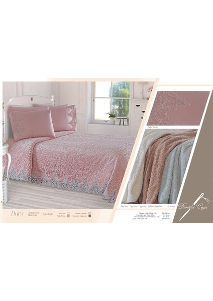 Fransız Dantelli Duru Çeyizlik Battaniye Seti