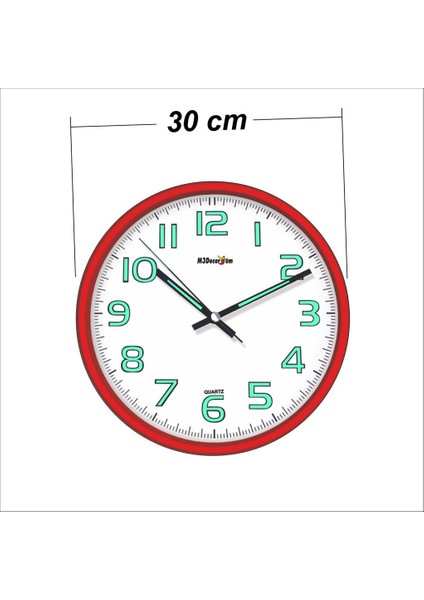 Kırmızı Karanlıkta Okunabilen Fosforlu Duvar Saati 30 Cm