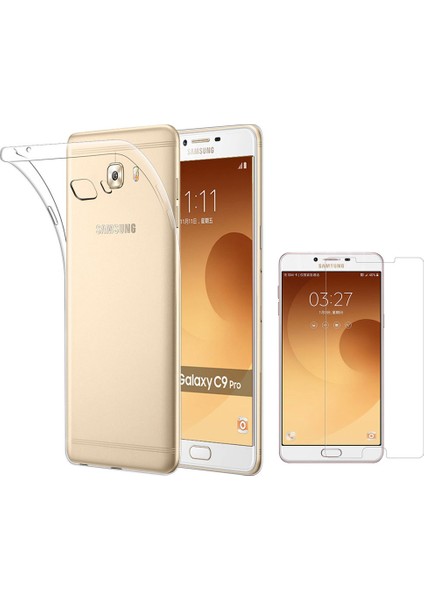 Samsung Galaxy C9 Pro Silikon Kılıf Şeffaf + Cam Ekran Koruyucu