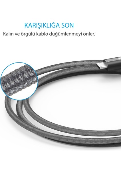 PowerLine+ Micro USB Örgülü Şarj/Data Kablosu 1.8 Metre- Gri - Taşıma Çantalı (Anker Türkiye Garantili)