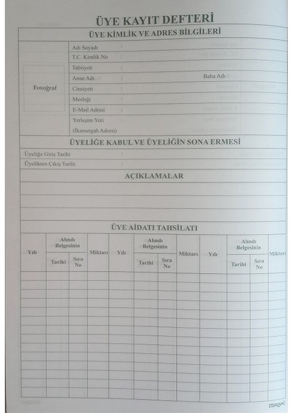 Üye Kayıt Defteri Ciltli 144 Yaprak