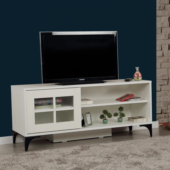 Pasific Home Revival Metal Ayaklı Sürgülü Tv Ünitesi, Zigon Sehpalı, 125 Cm, Beyaz