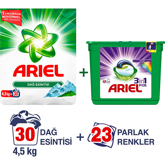 Ariel 3'ü 1 Arada Pods Sıvı Çamaşır Deterjanı Kapsülü Parlak Renkler 23 Yıkama + Ariel Toz Çamaşır Deterjanı Dağ Esintisi 4.5 kg