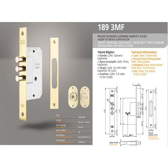 Корпус врезного замка kale kilit 189 3m 45mm w b латунь