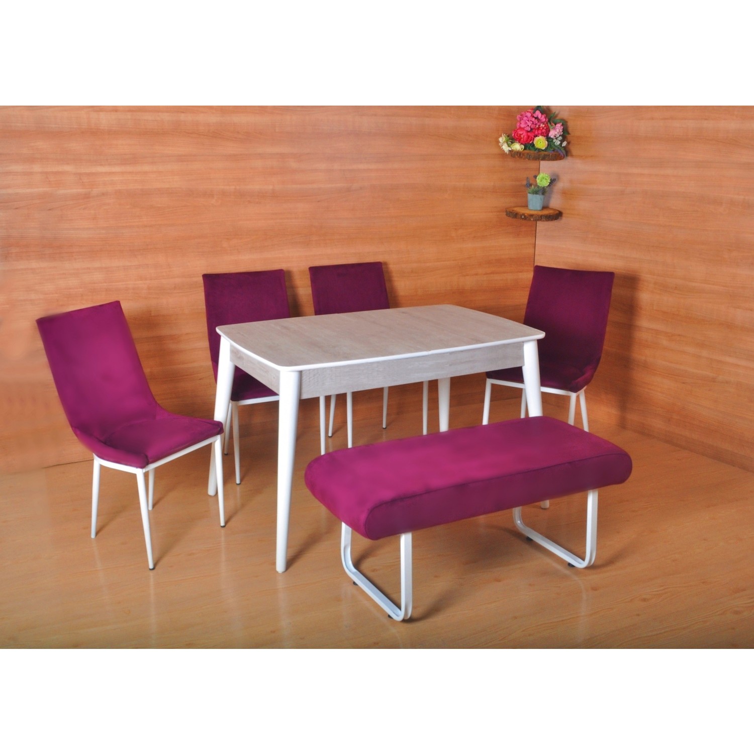 Mobayz 6 Kişilik 4 Sandalye 1 Bench Sabit Ahşap Masa