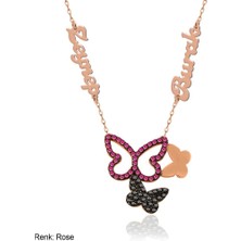 İndigo Takı Fuşya Kişiye Özel İsimli Üçlü Kelebek Gümüş Kolye