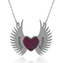 İndigo Takı Fuşya İsimli Kişiye Özel Melek Kanadı Gümüş Kolye