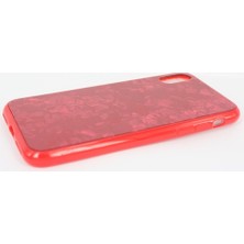 Case 4U Apple iPhone X Kılıf Desenli Sert Silikon Cam Arka Kapak - Marbel - Kırmızı