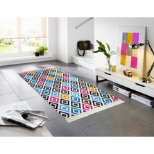 Mecra Tekstil Modern Renkli Karo Baskılı Saçaklı Kaymaz Jel Taban Halı 160 x 230 cm