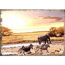 Cakasepetim Ahşap Tablo Fil Zebra Geyik Yaban Hayat