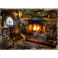 Tablomega Ahşap Tablo Şömüne Kedi Taş Ev