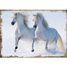 Cakasepetim Ahşap Tablo Koşan Beyaz Atlar