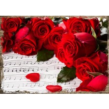 Cakasepetim Ahşap Tablo Kırmızı Güller Notalar