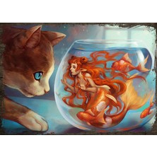 Cakasepetim Ahşap Tablo Fantastik Kedi Kavanoz Balık Kız