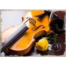 Cakasepetim Ahşap Tablo Sarı Keman Gül Kırmızı Şarap