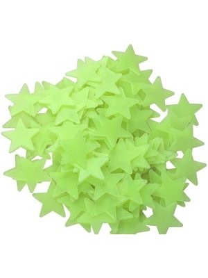 Yeşil 100 adet Yıldız ve 2 Adet Ay Duvar Çıkartması - Fosforlu Sticker