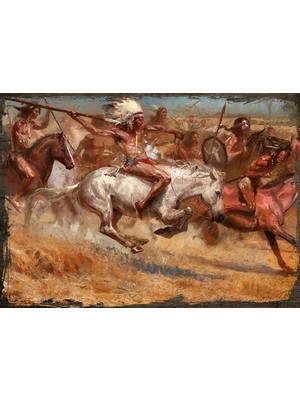 Cakasepetim Ahşap Tablo At Sırtında Savaşan Kızılderiiler