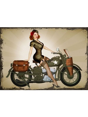 Tablomega Ahşap Tablo Motorsikletli Güzel Asker Kadın