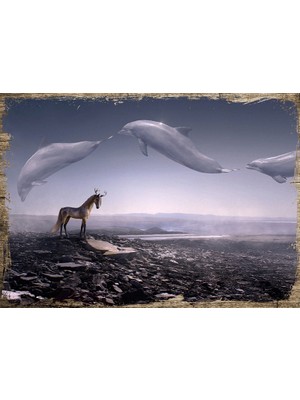 Cakasepetim Ahşap Tablo Fantastik Boynuzlu At Yunus Balığı