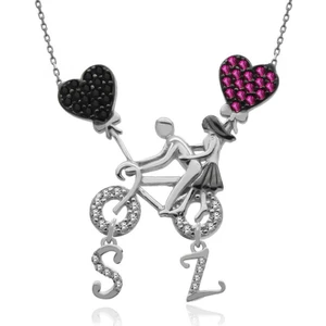 İndigo Takı Harfli Beyaz Bisikletli Aşıklar Gümüş Kolye