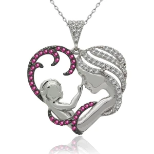 İndigo Takı Fuşya Taşlı Kalpli Anne Bebek Gümüş Kolye