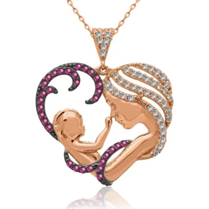 İndigo Takı Fuşya Taşlı Kalpli Anne Bebek Rose Gümüş Kolye