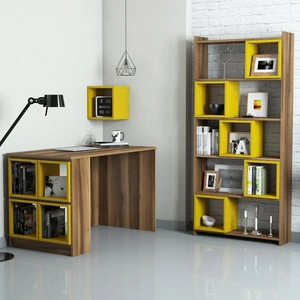 Variant Mobilya Box Çalışma Masası Ve Kitaplık Takımı - Ceviz / Sarı