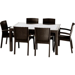 Rattan 90*150 Raddan Trend Lüx Camlı Masa Takımı 6 Sandalyeli Kahverengi
