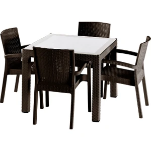 90*90 Rattan Trend Lüx Camlı Masa Takımı 4 Sandalyeli Kahverengi