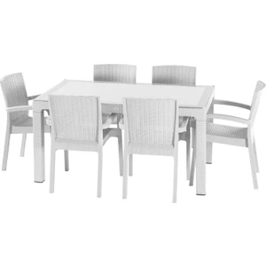 Rattan Trend Lüx Camlı Masa Takımı 6 Sandalyeli Beyaz 90 x 150 cm