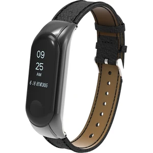 Case 4U Xiaomi Mi Band 3 - 4 Akıllı Bileklik Metal Gümüş Çerçeveli Kordon Dikiş Desenli Deri Siyah