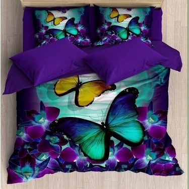 Else Sari Mor Kelebekli Baskili Cift Kisilik 3d Nevresim Fiyati