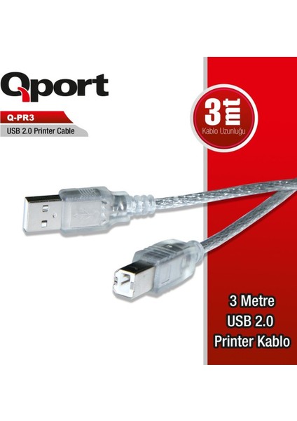 Q-PR3 USB 2.0 Yazıcı Printer Kablosu (Am-Bm) 3 m