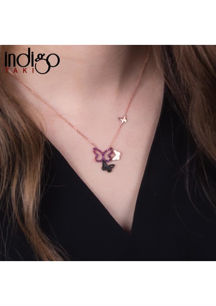 Ruby Taş Üçlü Kelebek Gümüş Kolye