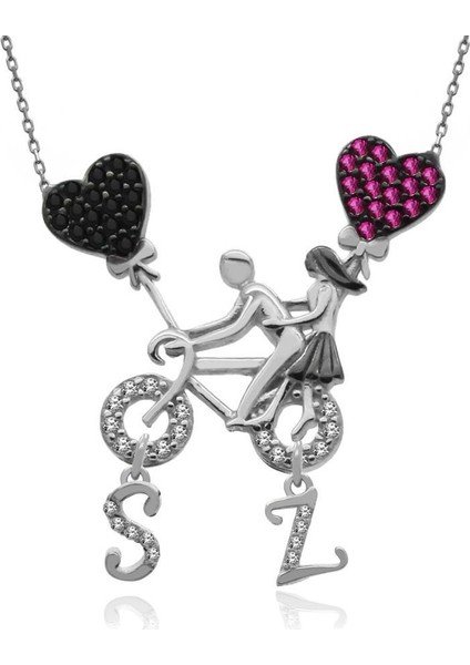 Harfli Beyaz Bisikletli Aşıklar Gümüş Kolye