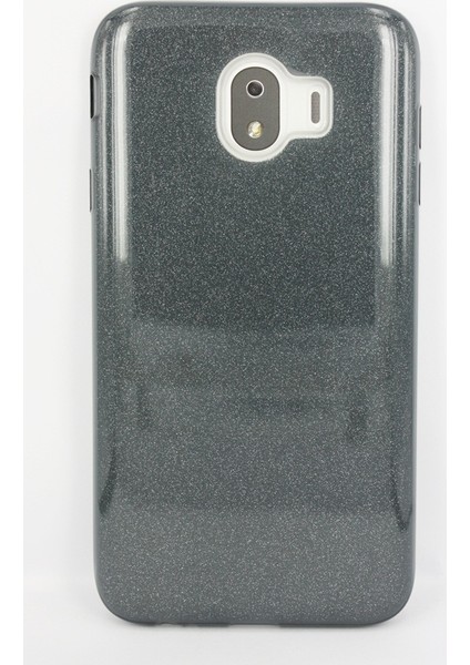 Case 4U Samsung Galaxy J4 Kılıf Çift Katmanlı Simli Shining Sert Silikon Arka Kapak Siyah