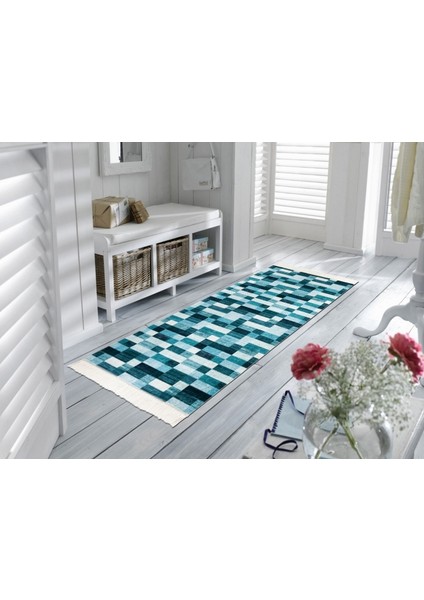 Mavi Saçaklı Baskılı Modern Kaymaz Jel Taban Halı 160 x 230 cm