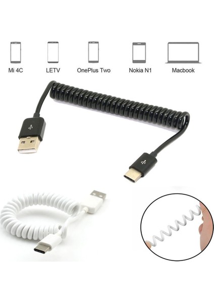 Type-C Spiral Uzayan USB Hızlı Şarj Data Transfer USB Kablo 1 m