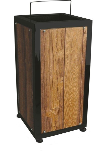 1730 Bahçe Çöp Kovası Kare Ahşaplı Dekorlu Metal İç Kovalı