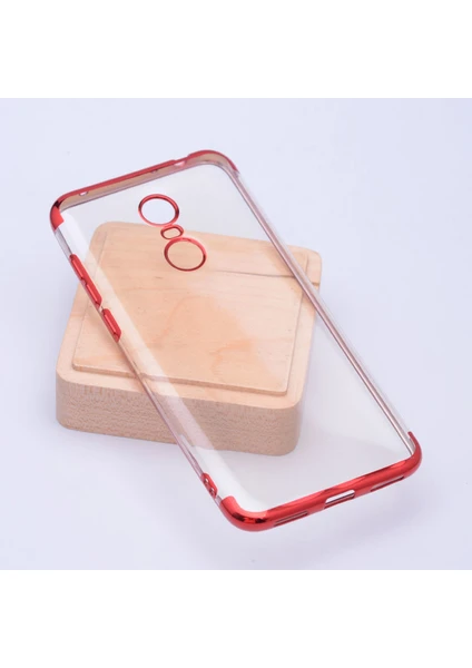 Case 4U Xiaomi Redmi 5 Plus Kılıf Dört Köşeli Lazer Kaplamalı Şeffaf Silikon Arka Kapak - Kırmızı