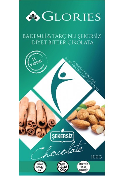 Glories Diyet Badem Tarçın Bitter Çikolata 100 Gr