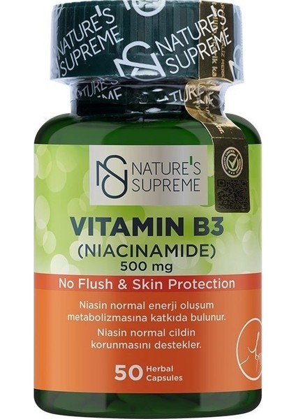 Nature's Supreme Vitamin B3 500 mg (No Flush) 50 Kapsül