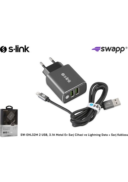 Swapp Çift USB 3.1A Metal Ev Şarjı Ve Lightning Kablo SW-EHL32M