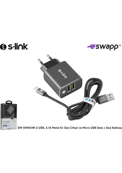 Swapp Çift USB 3.1A Metal Ev Şarjı Ve Micro USB Kablo SW-EHM34M