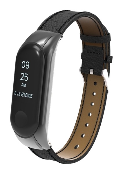 Xiaomi Mi Band 3 - 4 Akıllı Bileklik Metal Gümüş Çerçeveli Kordon Dikiş Desenli Deri Siyah